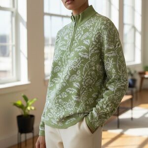 Meister Women's Green and White Floral Quarter-Zip Sweater Wool Blend Size Large